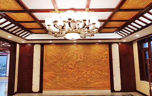 翠屏中式别墅客厅中式木作横梁吊顶装饰展示